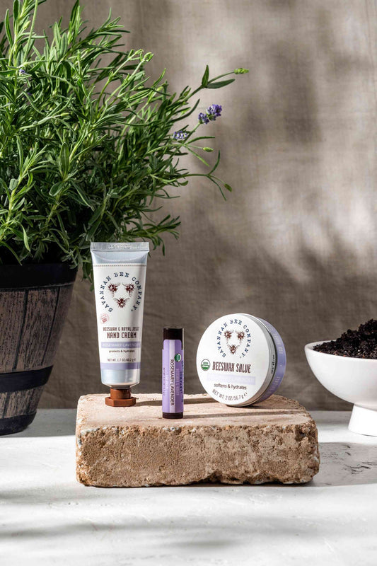 Rosemary Lavender Gardener's Kit contains  Rosemary Lavender Beeswax Royal Jelly Hand Cream, Rosemary Lavender Lip Balm and Beeswax Salve 