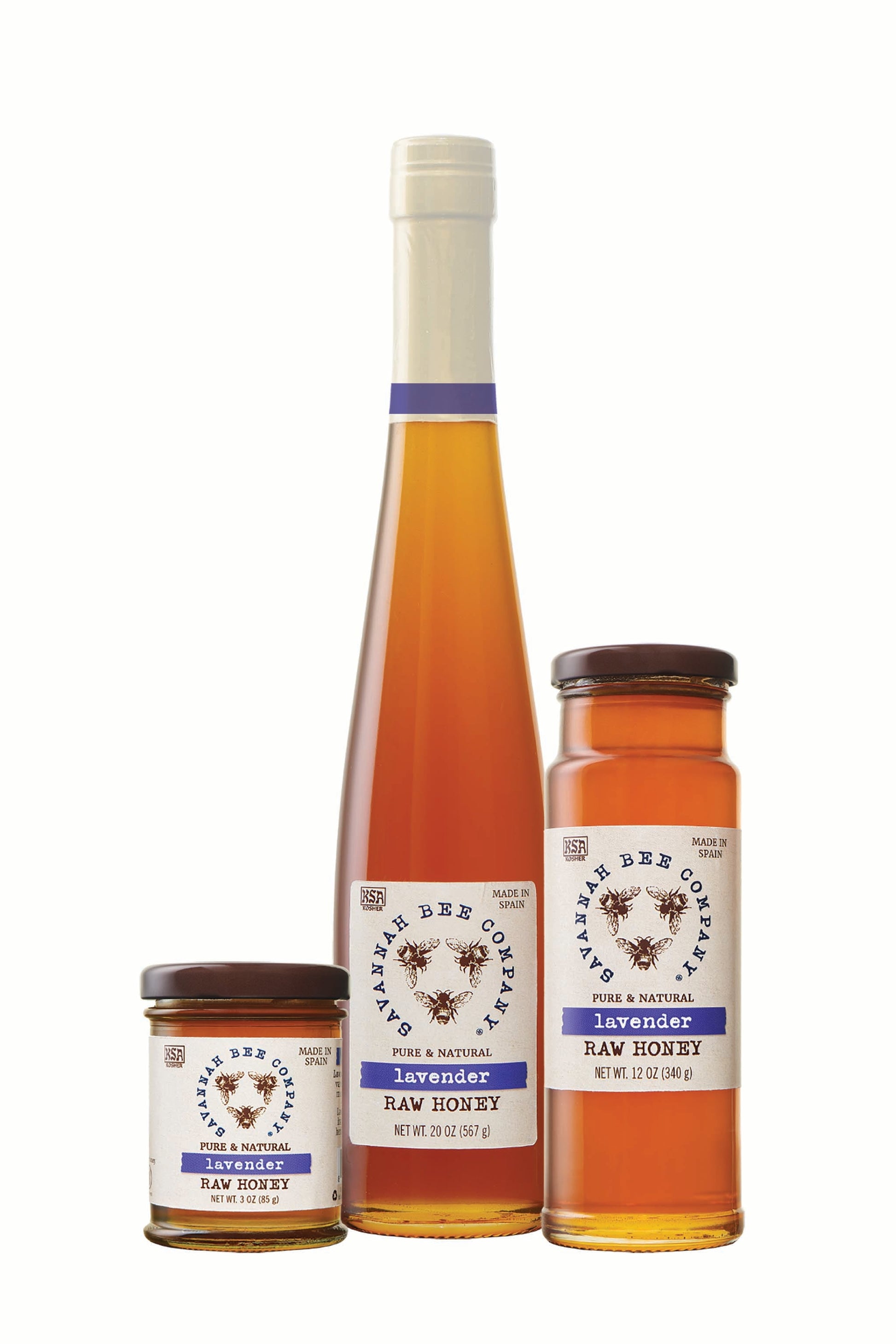 Pure & Natural Lavender Raw Honey 3 oz. mini, 12 oz. tower and 20 oz. flute.