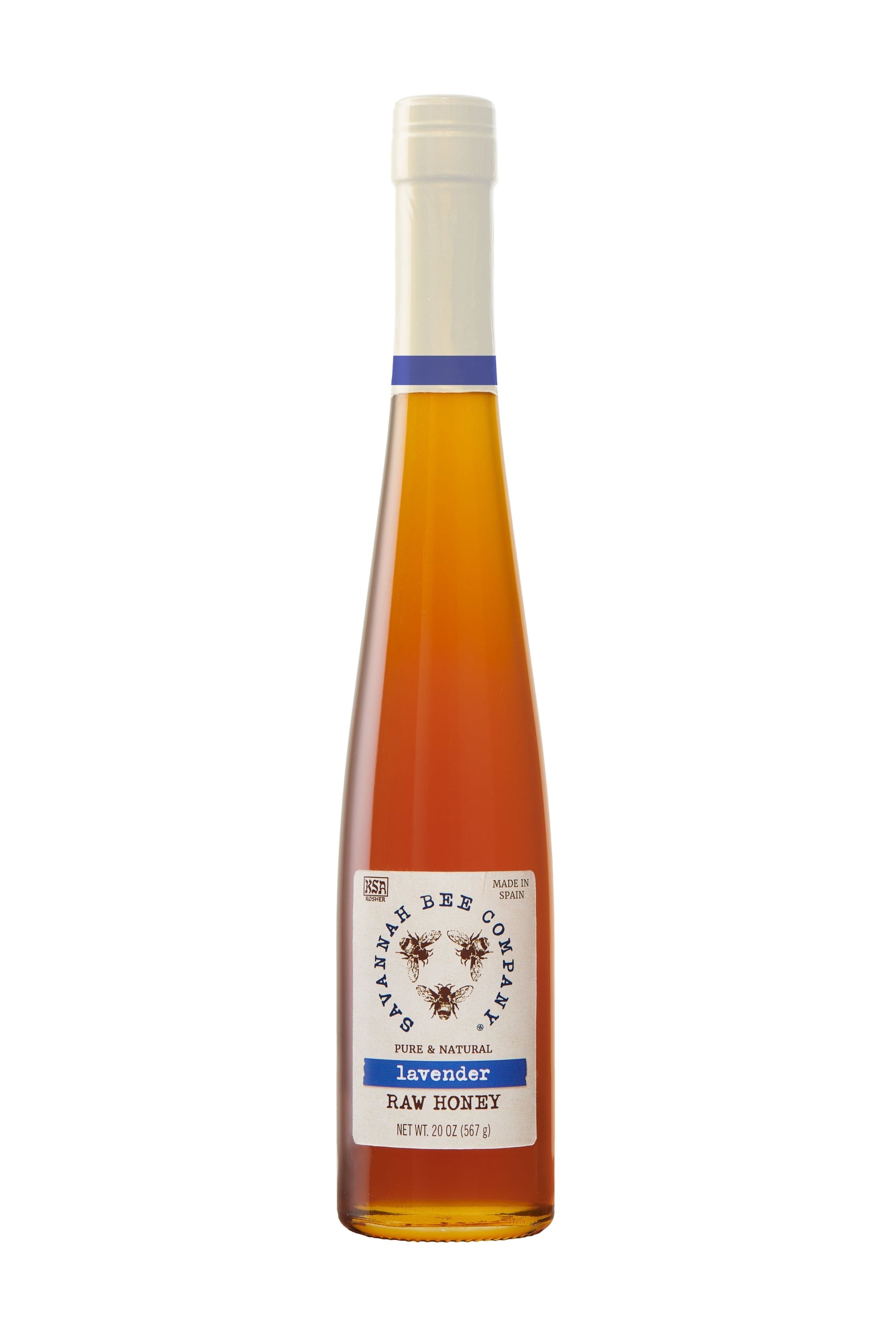 Pure & Natural Lavender Raw Honey 20 oz. flute studio shot.