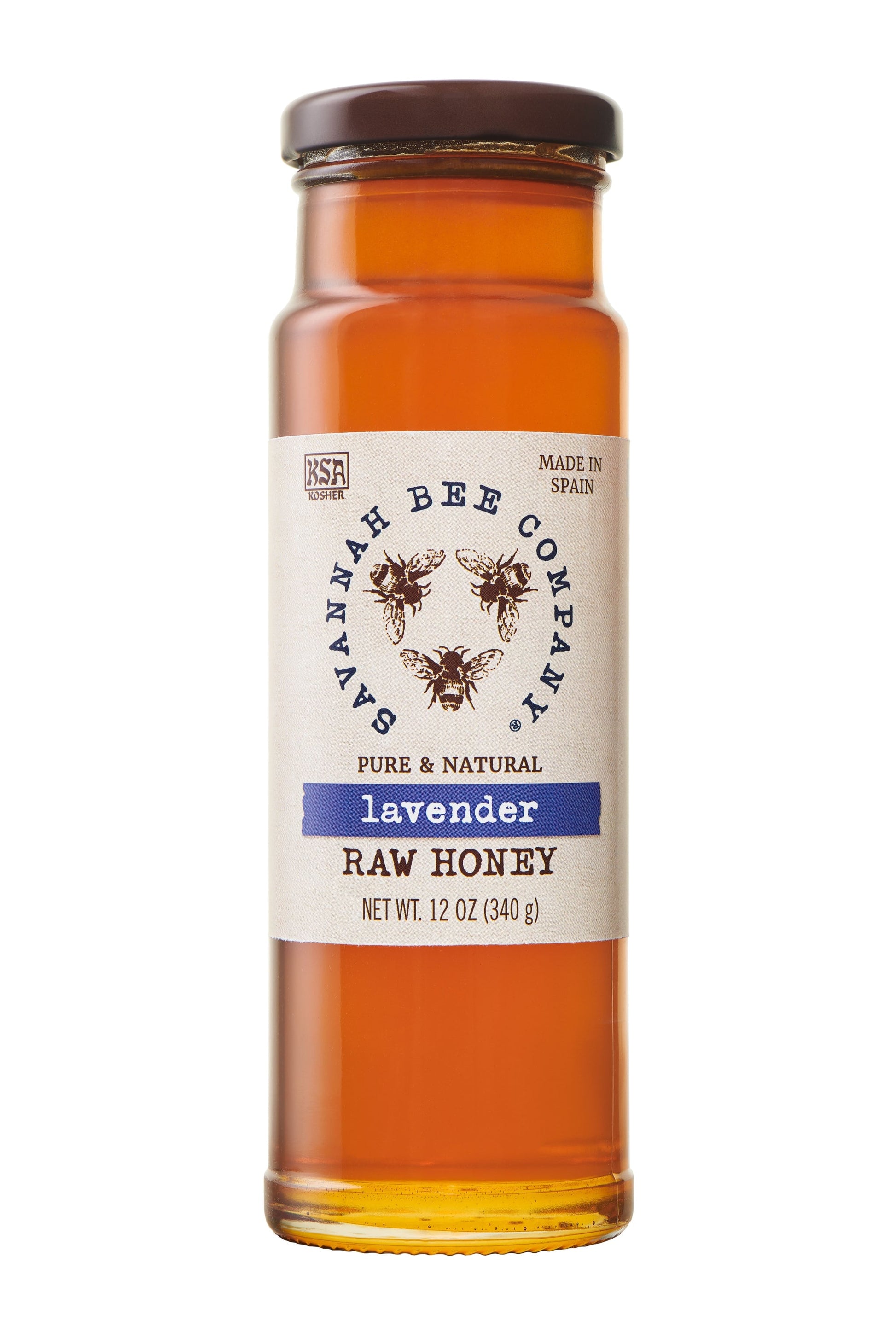 Pure & Natural Lavender Raw Honey 12 oz. tower studio shot.