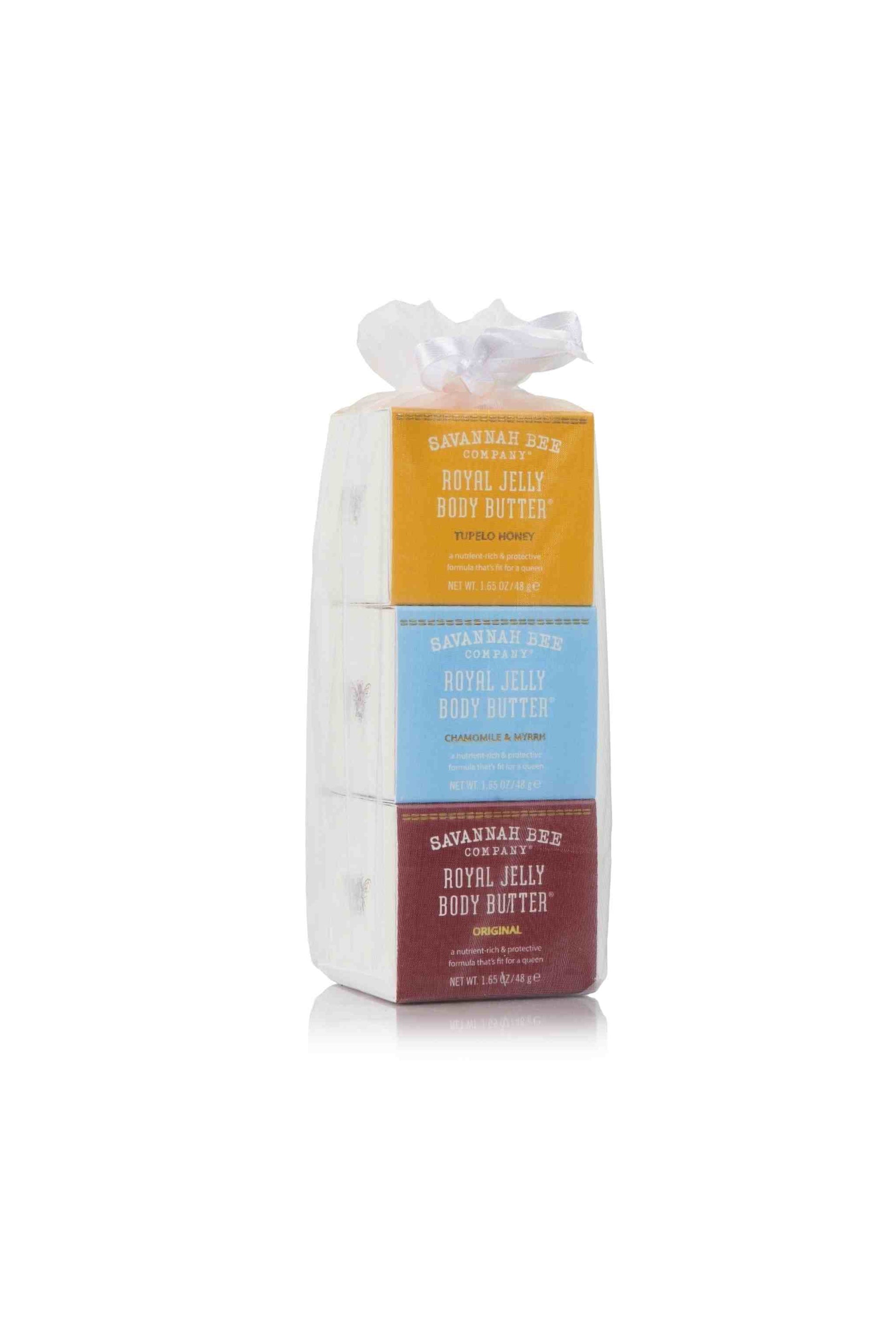 Royal Jelly Body Butter Tupelo Honey, Chamomile and Myrrh and Original 1.65oz in a gift set