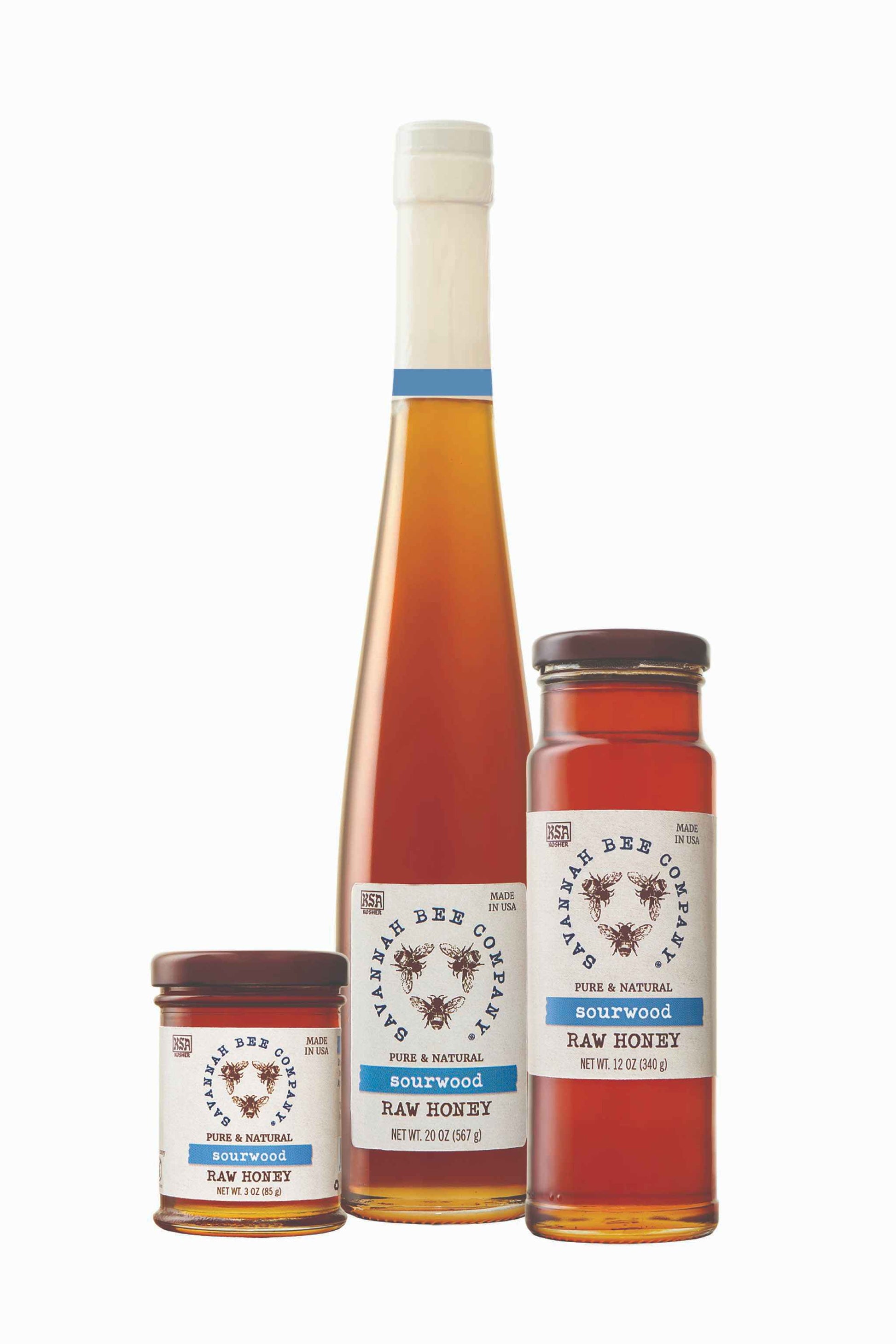 Pure & Natural Sourwood Raw Honey 3 oz. mini, 12oz. tower and 20 oz. flute