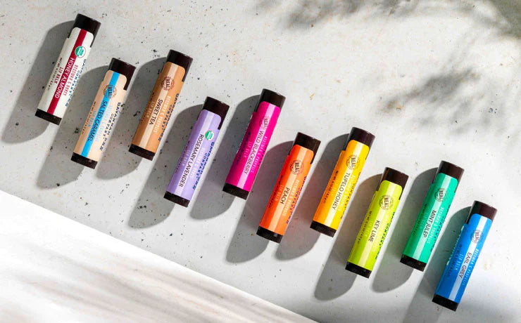 Rainbow lip balm assortment feautring all Savannah Bee Company lip balms. 