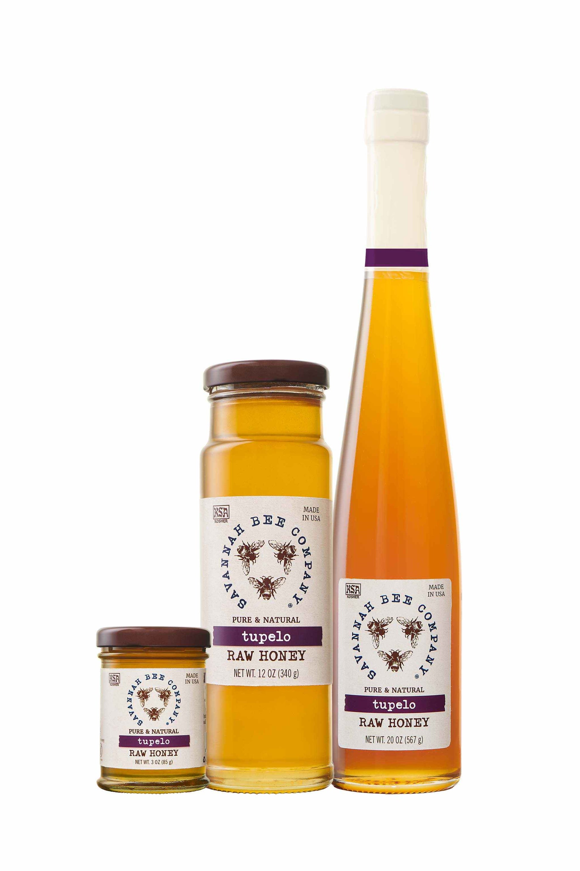 Pure & Natural Tupelo Raw Honey 3 oz. mini, 12 oz. tower and 20 oz. flute